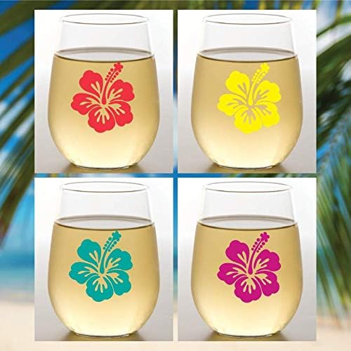 Wine-Oh! Set of 4 Shatterproof Designer 16 oz Plastic Wine Glasses MADE in the USA (HIBISCUS)