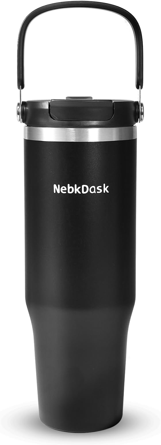 40 oz Insulated Stainless Steel Bottle with 2-in-1 Straw and Spout Lid, Water Bottle with Carry Handle Keep Cold 24H, Leak-Proof, Fits in Car Cup Holder, Travel, and School（Black）