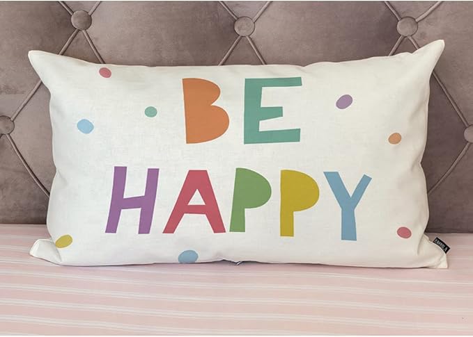 EKOBLA Be Happy Home Decorative Rectangle Pillow Cases Colorful Dots Cheerful Typography Lumbar Cotton Linen Throw Pillow Covers Cushion Case Rectangle Oblong 12x20 Inches