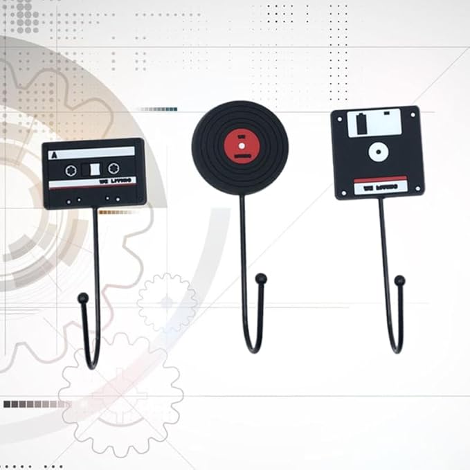 OUNONA 3Pcs Retro Household Hooks Set Multi-Purpose Wall Hanging Hooks for Kitchen Bathroom Door Use Creative Tape Vinyl Record Computer Disk Shapes