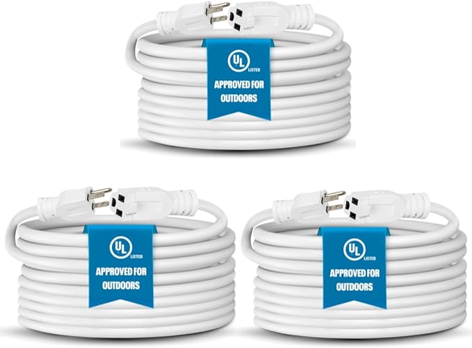 Heavy Duty Outdoor Extension Cord/Wire Power Cable, Indoor/Outdoor Power Cord, 16/3, Single Outlet, 15 Feet, UL Listed, White, 3 Pack