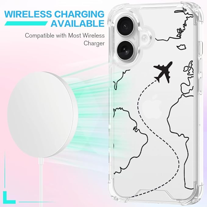 FANXI Minimalist Airplane Travel Map Phone Case Compatible with iPhone 16 (6.1 Inch) - Shockproof Clear Soft TPU Protective Cover with Airplane Design for Women Men and Girls