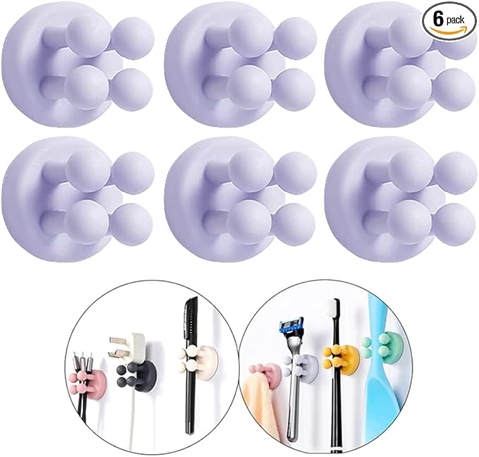 Silicone Toothbrush Holders - 6Pcs Razor Hooks Adhesive Wall Mounted for Hanging Towel Key Plug Cable, Utility Decor Stick to Dorm Room Door Function for Kitchen Bathroom Home Office