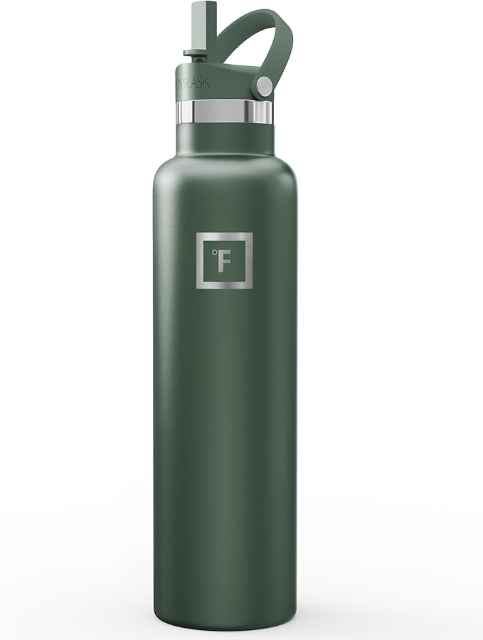 IRON °FLASK Camping & Hiking Hydration Flask with Straw, Narrow Mouth Insulated Stainless Steel Sports Water Bottle - Dark Pine 24 oz - Straw (1 Lid)