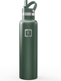 IRON °FLASK Camping & Hiking Hydration Flask with Straw, Narrow Mouth Insulated Stainless Steel Sports Water Bottle - Dark Pine 24 oz - Straw (1 Lid)