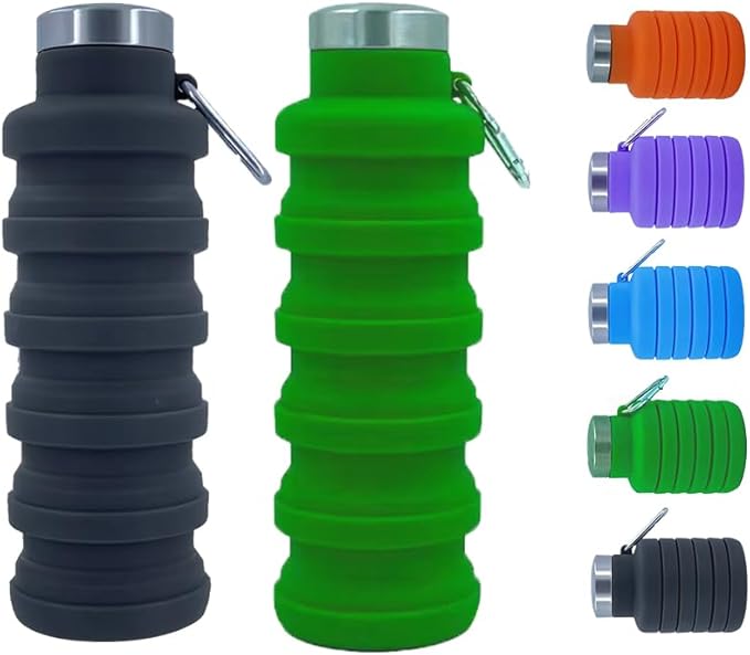 Collapsible Water Bottles，17oz Large capacity Silicone Water Bottle with Carabiner，Reusable Foldable Lightweight Sports Water Bottle for Travel Gym Camping Hiking (Black + Green)