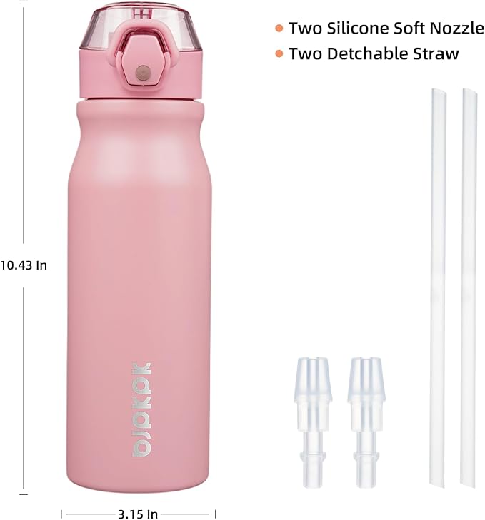 BJPKPK Water Bottle with Straw 25oz Insulated Water Bottles Reusable Stainless Steel Metal Thermal Flask with Leak Proof Lockable Lid and Carry Handle,Light Pink