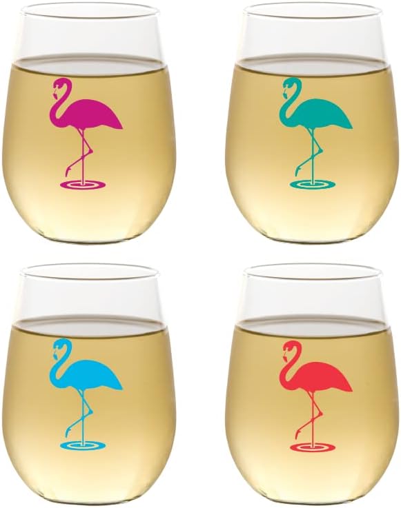 Wine-Oh! Set of 4 Shatterproof Designer 16 oz Plastic Wine Glasses MADE in the USA (FLAMINGOS), 4 Count (Pack of 1)