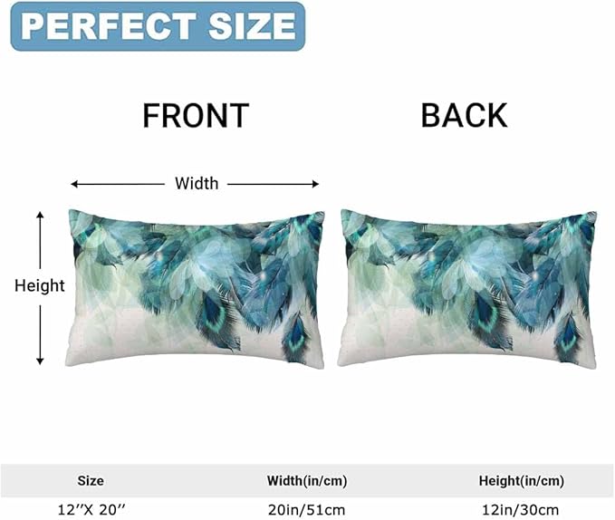 Peacock Feather 12 X 20 Pillow Covers Watercolor Gradient Blue Soft Halo Green Leaves Set of 2 Pillow Cases Rectangular Velvet Outdoor Pillowcases Decorative for Home Bed Sofa Couch Hotel
