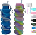 Collapsible water bottles 2 Pack with brush,BPA Free Travel Silicone Water Bottle with Carabiner,Reusable Foldable Portable Lightweight Sports bottles for Gym Camping Hiking (Camo pink+blue)