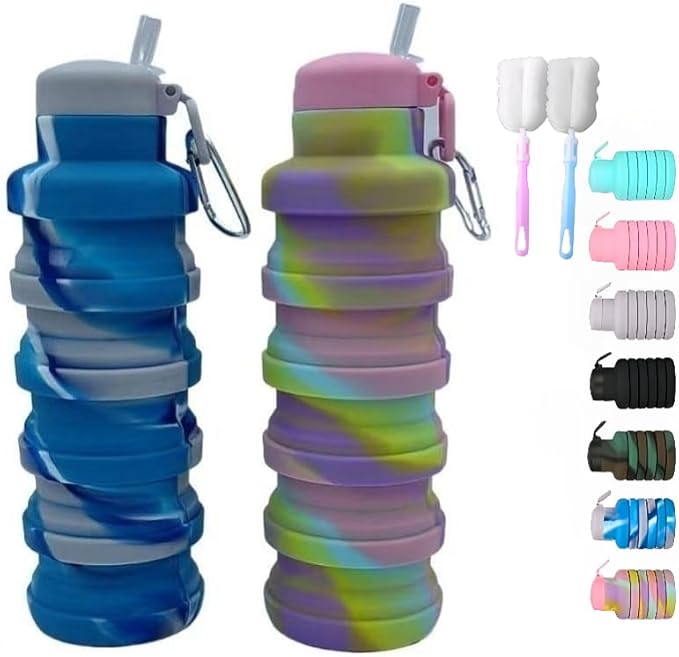 Collapsible water bottles 2 Pack with brush,BPA Free Travel Silicone Water Bottle with Carabiner,Reusable Foldable Portable Lightweight Sports bottles for Gym Camping Hiking (Camo pink+blue)