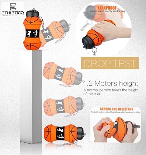 Collapsible Water Bottles with Carabiner Food Grade Sports Water Bottle for Gift Kids Folding Water Bottle for Hiking, School, GYM, Sports and Travelling 19 Oz/550ml (Basketball)