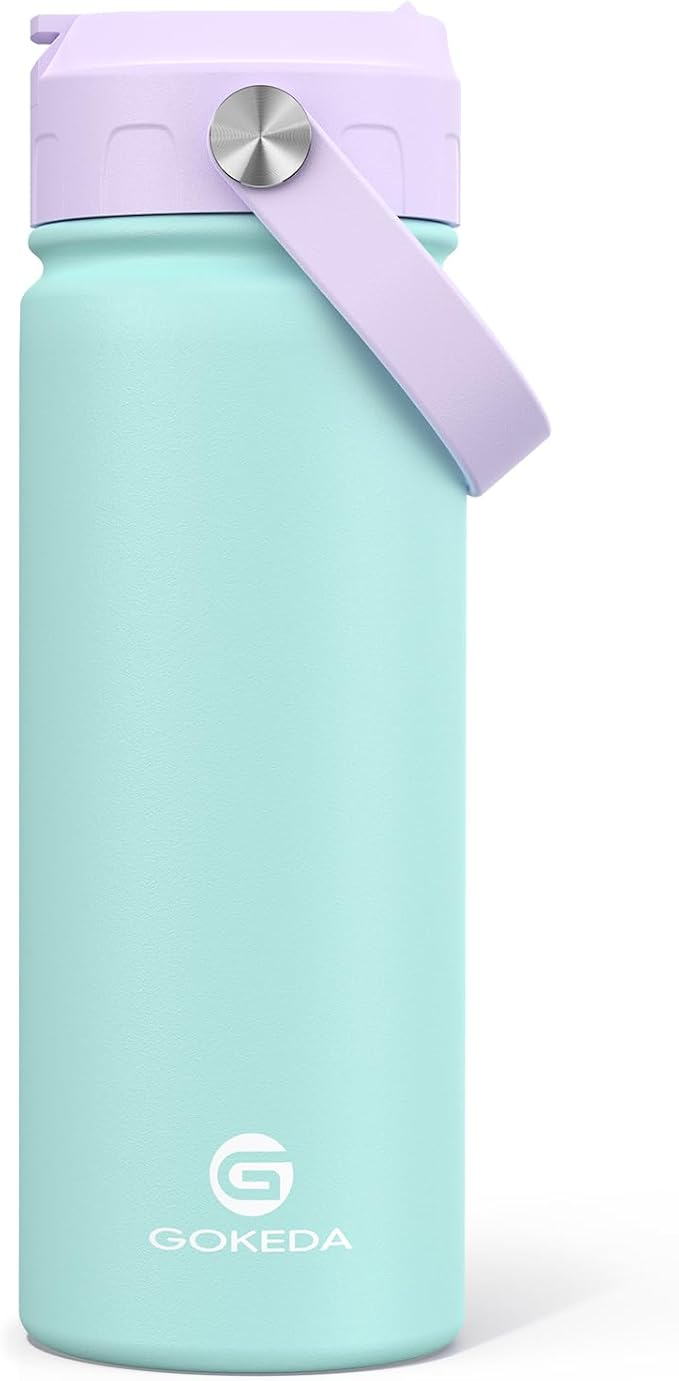 GoKEDA 18oz Kids Water Bottle, Insulated Bottles with Stickers, 18/8 Stainless Steel Vacuum Leak Proof Straw Cup for School, Gifts for Boys Girls(PurpleGreen)