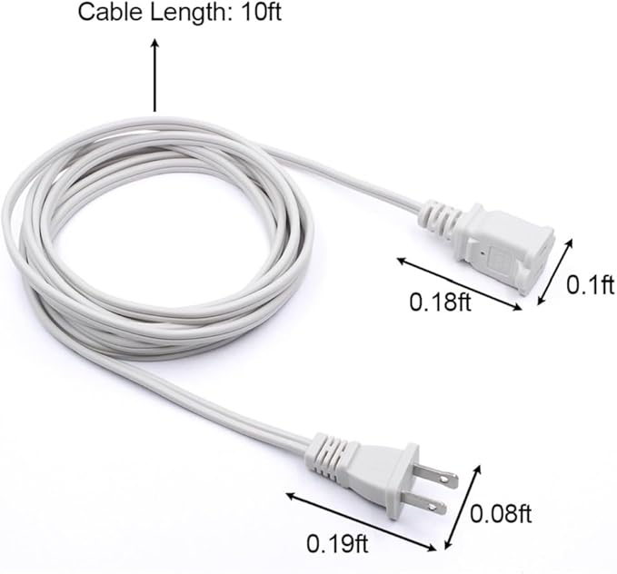 10FT 2 Prong Indoor Extension Cord,Thin White Extension Cords Male/Female Power Cable for Home Office Outdoor, 18/2 ETL Listed 10 FT Extension Cord
