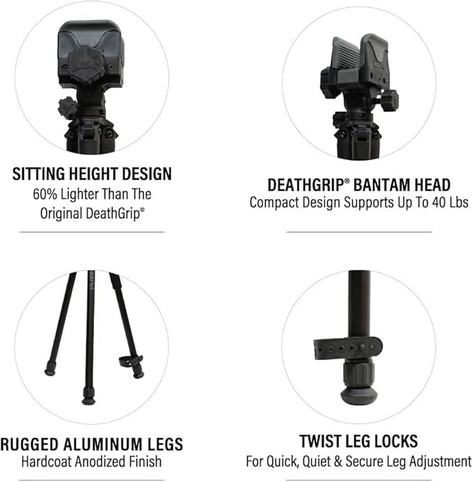 BOG DeathGrip Aluminum Tripod with Durable Frame, Lightweight, Stable Design, Bubble Level, Adjustable Legs, Shooting Rest, and Hands-Free Operation for Hunting, Shooting, and Outdoors
