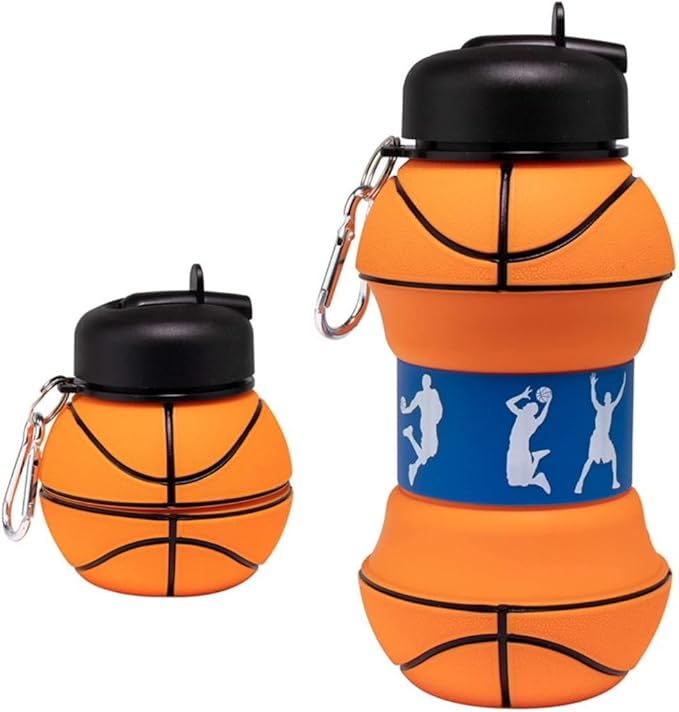 Soccer Water Bottle, 34oz Collapsible Silicone BPA-Free Kids Sports Bottle, Basketball Design, Perfect for Cycling, Travel, Hiking