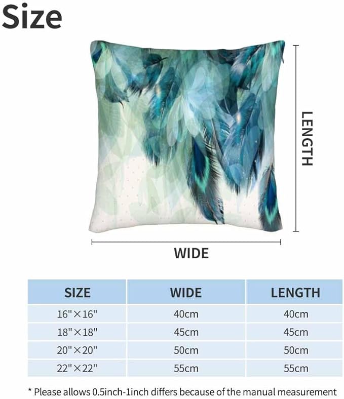 Peacock Feather 18 X 18 Pillow Covers Watercolor Gradient Blue Soft Halo Green Leaves Set of 2 Pillow Cases Square Velvet Outdoor Pillowcases Decorative for Home Bed Sofa Couch Hotel