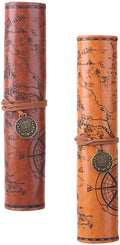 Cabilock Roll up Pencil Case Vintage Map Pu Leather Pencil Pouch Organizer for Artists Writers Travel School with Large Capacity and Secure Strap 2 Pack
