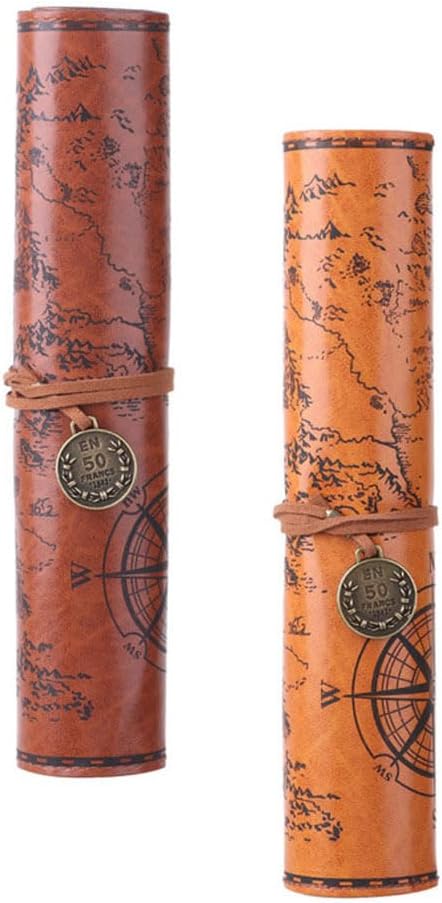 Cabilock Roll up Pencil Case Vintage Map Pu Leather Pencil Pouch Organizer for Artists Writers Travel School with Large Capacity and Secure Strap 2 Pack