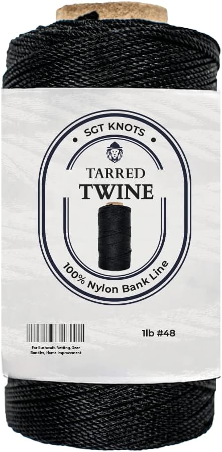 SGT KNOTS Tarred Twine - 100% Nylon Bank Line for Bushcraft, Netting, Gear Bundles, Construction, Lacing Twisted Cord, Weatherproof #48-1 lb