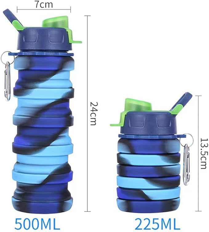 Collapsible Silicone Bottles 2 Pack - Expandable 500ml Portable Sport Bottles with Carabiner for Travel & Camping (Blue Camo + Pink Camo)