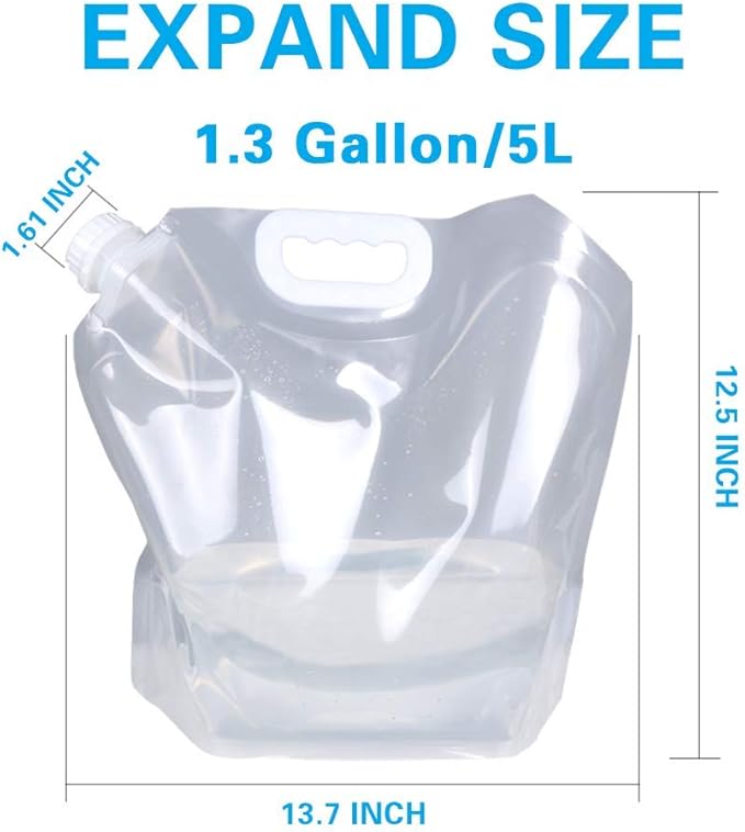 Soddeph Collapsible Water Container Bag, BPA Free Food Grade Clear Plastic Storage Jug for Sport Camping Riding Mountaineer,Freezable, Food Grade (4-pack-1.3 Gal)
