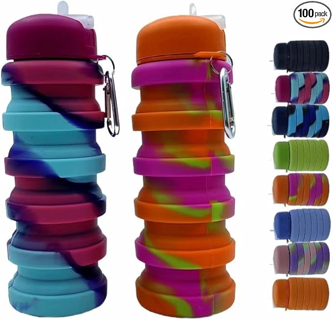 Collapsible Water Bottles 2 Pack 16oz(about 500ml), Travel Portable Sport Water Bottle, Silicone Foldable Water Bottles for Gym Camping Outdoor Hiking. (Orange Camouflage+Rose Red)