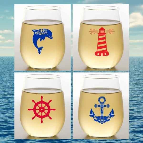 Set of 4 Shatterproof Designer 16 oz Plastic Wine Glasses MADE in the USA (NAUTICAL)