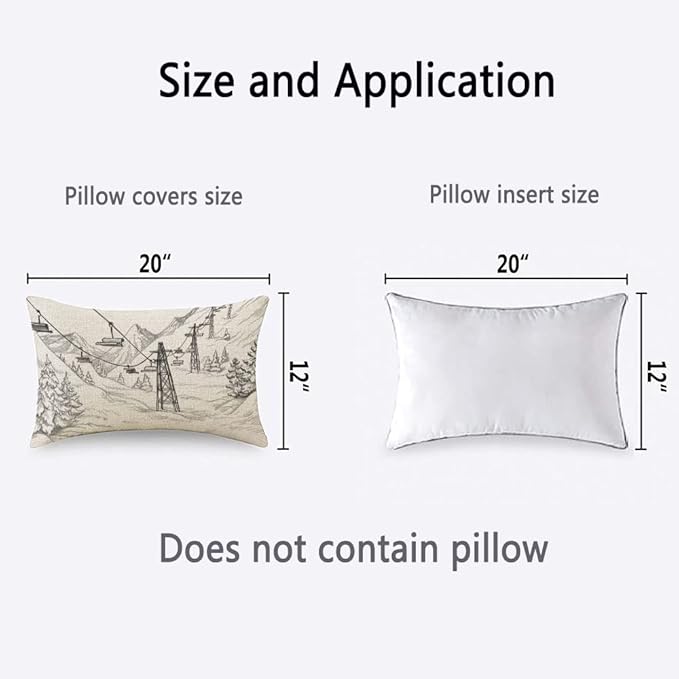 TKS MITLAN Mountain Ski Lift Pillow Cover 12x20 inch Sketch White Wintertime Snow Landscape Resort Rustic Linen Throw Pillow Covers 12x20 Inch for Sofa Couch Decoration