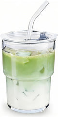 Glass Cups With Lids And Straws, Matcha Cup, Iced Coffee Cup,13Oz/400ml Iced Coffee Glasses Tumbler, Thick Wall Glass Mug For Tea Water, Cute Chirstmas Gifts (Clear,1PCS)