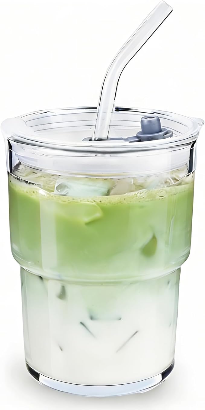 Glass Cups With Lids And Straws, Matcha Cup, Iced Coffee Cup,13Oz/400ml Iced Coffee Glasses Tumbler, Thick Wall Glass Mug For Tea Water, Cute Chirstmas Gifts (Clear,1PCS)
