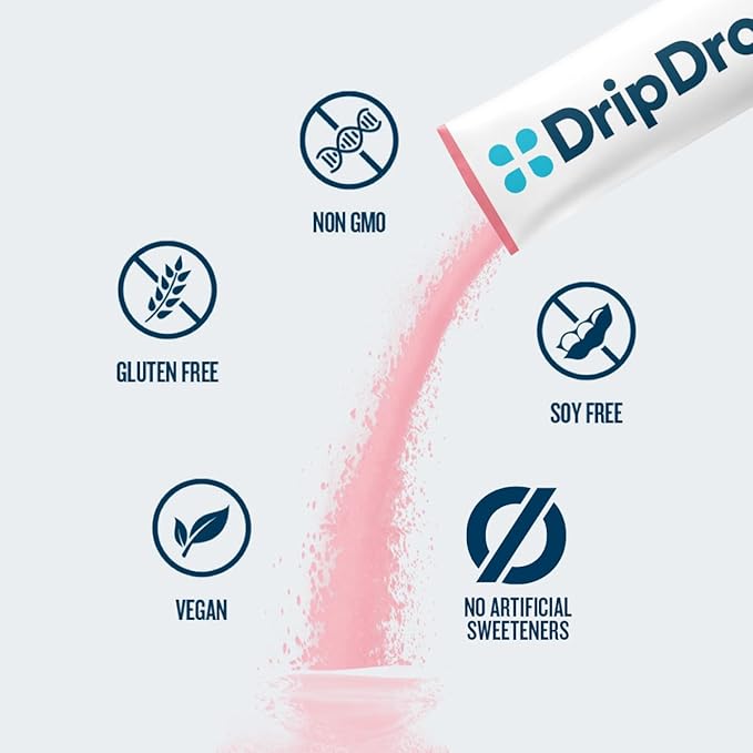DripDrop Zero Sugar Plus - Sugar Free Hydration Packets - Single Serve Electrolytes Powder Drink Mix - Strawberry Kiwi, Peach, Cherry Limeade, Wild Berry - Non-GMO, Vegan - 8 Sticks