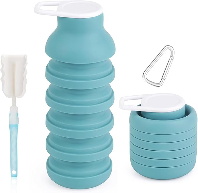 Collapsible Silicone Water Bottle – Foldable Travel Water Bottle Leakproof, BPA Free, Portable & Space-Saving – Perfect for Gym, Hiking,Travel(carabiner and cleaning brush),Light green