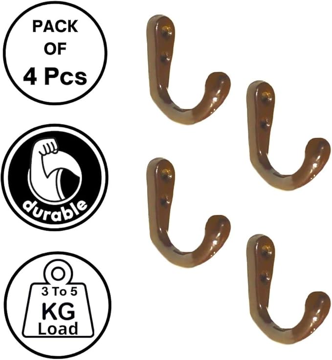 FAPBADRI Multipurpose Hooks, Used to Hang Clothes, Bags, Coats, Curtain Hold Backs, Keys, Colour - Brown, Material - Aluminium, Screws and Wallplugs Included, Pack of 4 Pieces