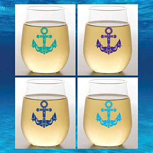 Set of 4 Shatterproof Designer 16 oz Plastic Wine Glasses MADE in the USA (ANCHORS)