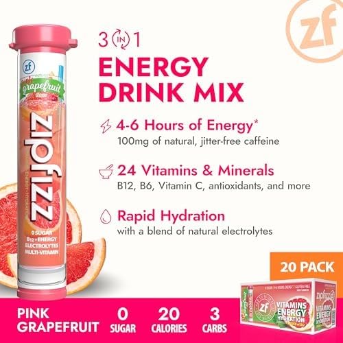 Zipfizz Daily Energy Drink Powder, Pink Grapefruit, 20 Pack | 3-in-1 Sustained Energy, Rapid Hydration, and Essential Vitamins | Sugar-Free | Electrolyte Powder | Contains Vitamin B-12 & Antioxidants