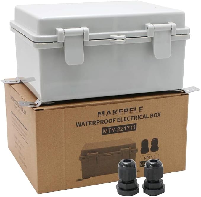 MAKERELE Small Junction Box Outdoor Electrical Watertight Plastic Includes Internal Mounting Panel 8.6" 6.7" 4.3" (220170110mm) Electronic Waterproof Case with 2 NPT 1/2” Glands and Wall Bracket