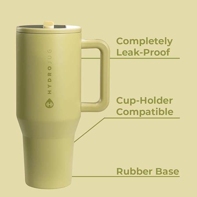HydroJug Traveler - 40 oz Water Bottle with Handle & Flip Straw - Fits in Cup Holder, Leak Resistant Tumbler-Reusable Insulated Stainless Steel & Rubber Base - Gifts for Women & Men, Olive