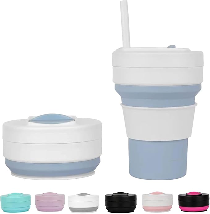 Silicone Foldable Drinking Cup for Camping Hiking,Portable Silicone Water Bottle for Hot and Cold Beverages with Straw- Blue & White