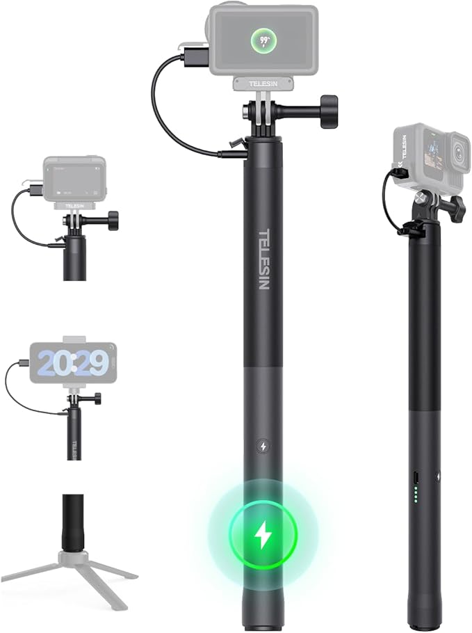 TELESIN Power Grip Selfie Stick for DJI OSMO Namo Action 6 5 Pro 4 3,GoPro Hero 13 12 11,Insta360 X5 X4 Action Camera & Phone, 40.16"Extension Charging Handle Grip, Portable Battery Power Selfie Pole