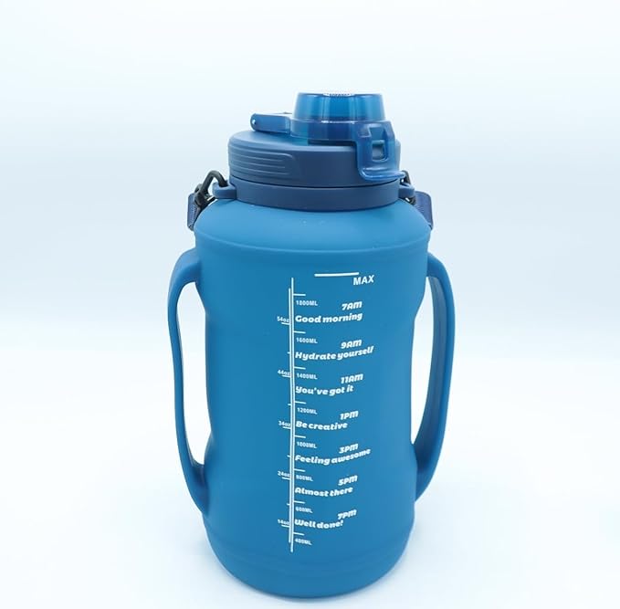 64oz Foldable Water Kettle - Straw & Motivational Time Marker, Half Gallon Silicone Reusable Bottle for Airport Travel, Outdoor Adventures & Home/Office (Blue)