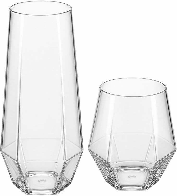 Oojami 48 Pack Diamond Clear Unbreakable Stemless Plastic Glasses 24 9oz Stemless Champagne Flutes & 24 12oz Cups BPA-Free, Disposable, Shatterproof Drinkware for Weddings, Bars, Events, and Parties