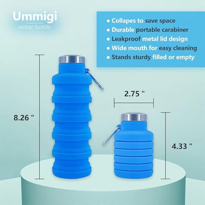 Collapsible Water Bottles，17oz Large capacity Silicone Water Bottle with Carabiner，Reusable Foldable Lightweight Sports Water Bottle for Travel Gym Camping Hiking (Black + Green)