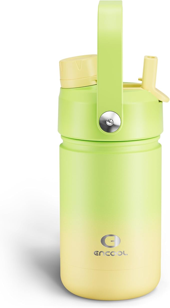 Kids Insulated Water Bottle with Straw - 12oz Stainless Steel Water Bottle with Dual Spouts, Leak-Proof, BPA-Free, Double Wall Vacuum Keeps Cold for 24 Hours for Sports, Travel, School (Morning Dew)