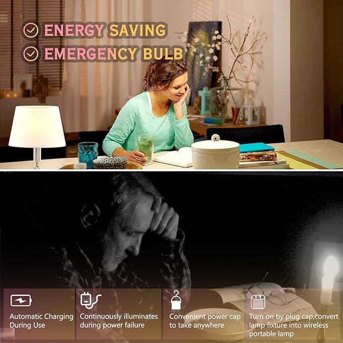 Emergency Rechargeable Light Bulbs, Battery Powered LED Light Bulb Daylight E26 12W 60W Equivalent with 1500mAh for Home Power Outage Camping Hiking(6 Bulbs,3 Plug Caps, 3 Hooks,3 socket adapter)