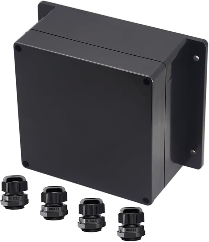 Project Box ABS Black Electrical Boxes IP65 Outdoor Waterproof Box Electronic Junction Box Fixed Ear Power Enclosure with Cable Glands for DIY Project 6.3 x 6.3 x 3.54 inch (160x160x90mm)