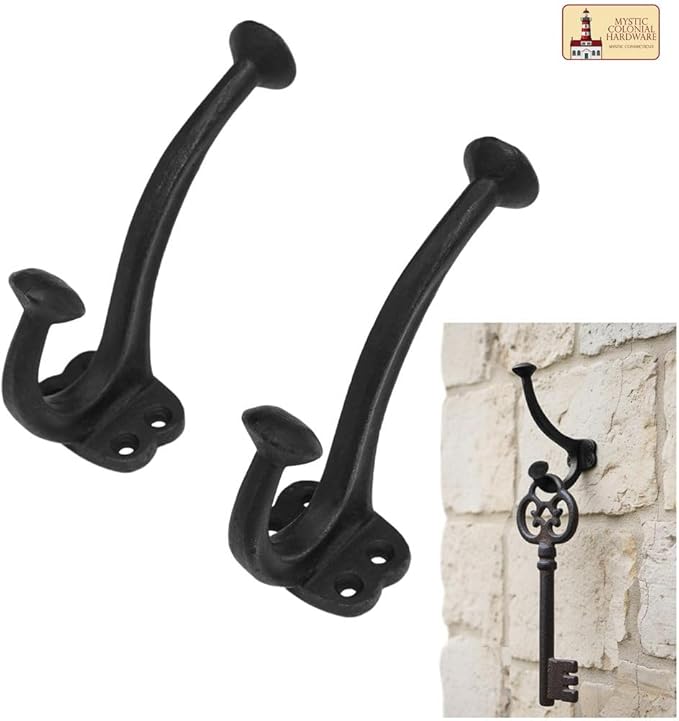 Mystic Colonial Rustic Medieval Cast Iron Wall Hooks (Set of 2) | (4 in x 3 in) Vintage Black Finish Double Coat & Hat Hook Hangers | Heavy-Duty Hook for Farmhouse, Gothic & Modern Spaces