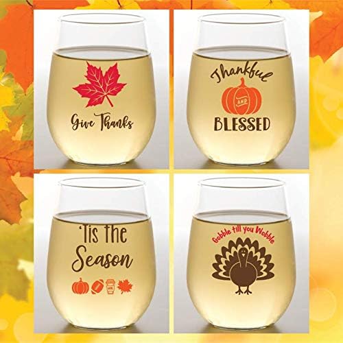 Set of 4 Shatterproof Designer 16 oz Plastic Wine Glasses MADE in the USA (THANKSGIVING)