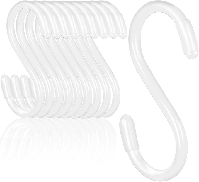 DINGEE White S Hooks, 3 Inch Vinyl Coated S Hook for Hanging Plants,10 Pack Non Slip Heavy Duty Small Rubber Coated Closet S Hook for Hanging Jeans Plants Jewelry Pot Pan Cups Towels
