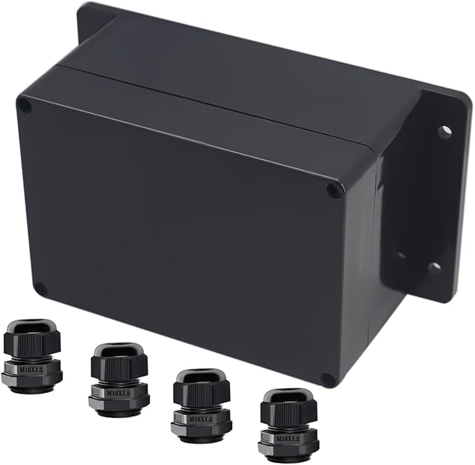 Project Box ABS Black Electrical Boxes IP65 Outdoor Waterproof Box Electronic Junction Box Fixed Ear Power Enclosure with Cable Glands for DIY Project 6.3 x 4.33 x 3.54 inch (160x110x90mm)